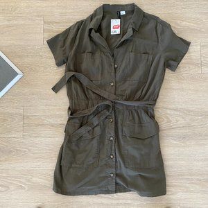 Olive green casual button up dress